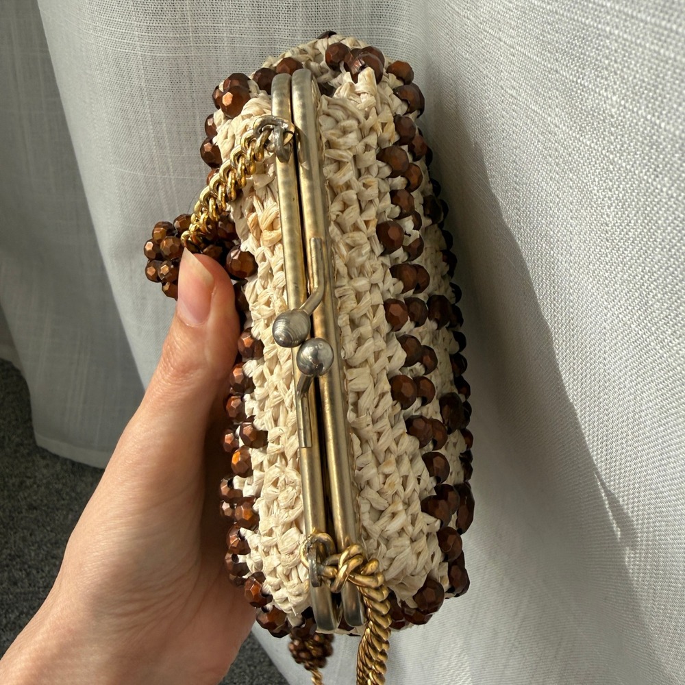 Vintage‎ Beaded Clutch Bag Raffia Crochet Chain Strap Made in Italy Evening Bag - Picture 5 of 10